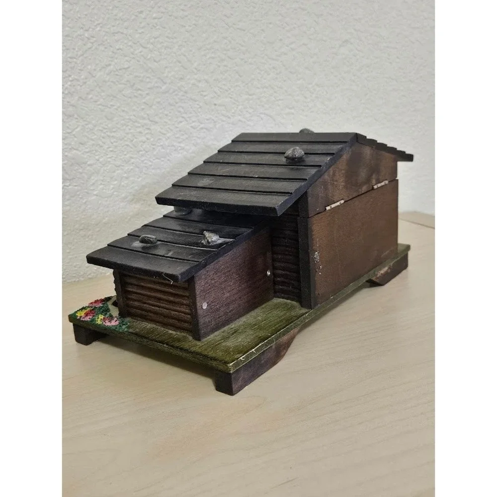 Vintage Japan Wood Chalet Music Box Water Wheel Alpine Cabin Jewelry Box Mirror